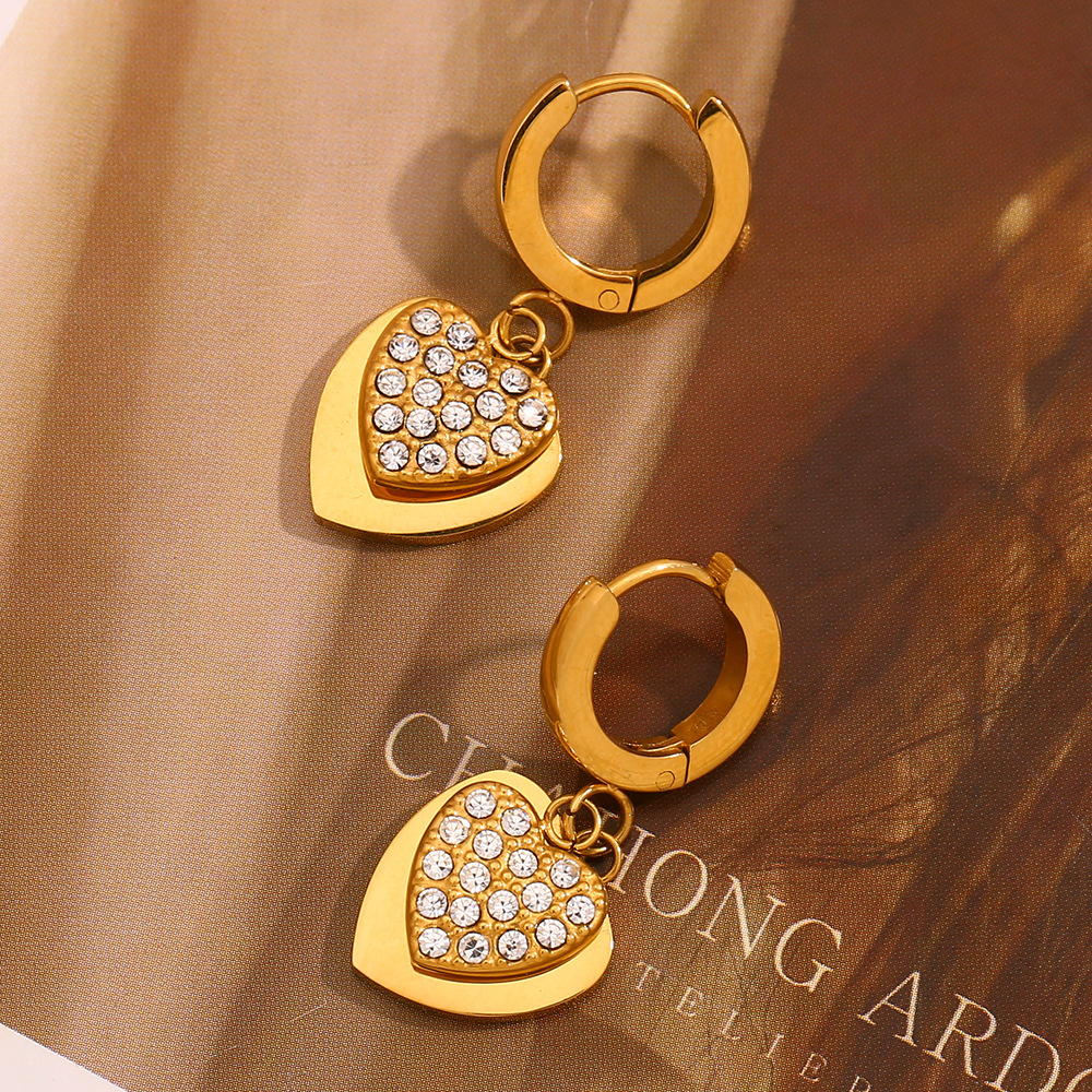 1 Çift Basit Seri Retro Kalp Paslanmaz Çelik Altın Rengi Zirkonyum Kadın Damla Küpe h5Resim5