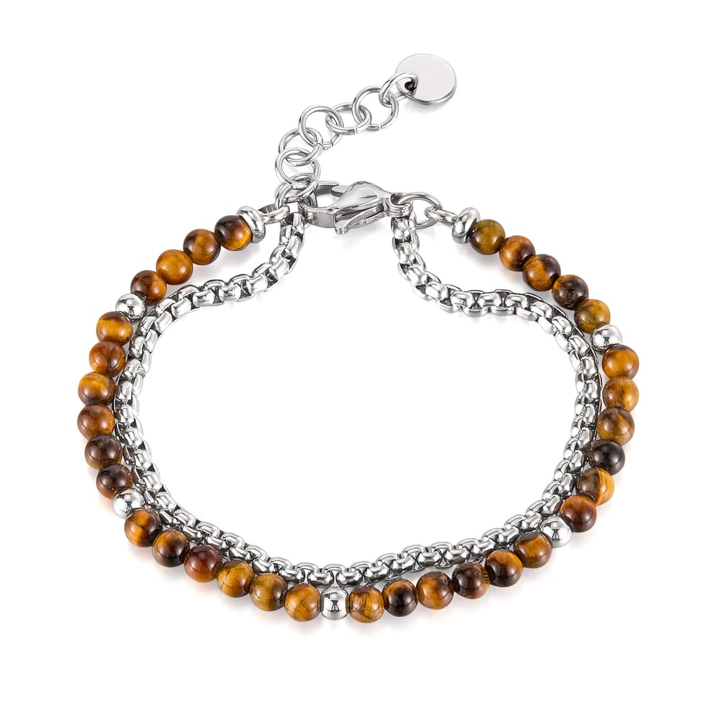 Pulseras de acero inoxidable para hombre con cuentas de piedra natural de doble capa 