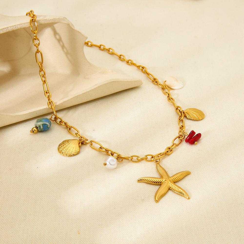 Collier avec pendentif en acier inoxydable, 1 pièce, motif étoile de mer et coquillage, élément océanique h5Image3