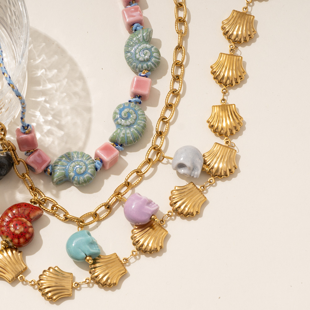 1 Piece Marine Series Vacation Colorful Ceramic Conch Stainless Steel Gold Color Shell Women's Pendant Necklaces h5Picture6