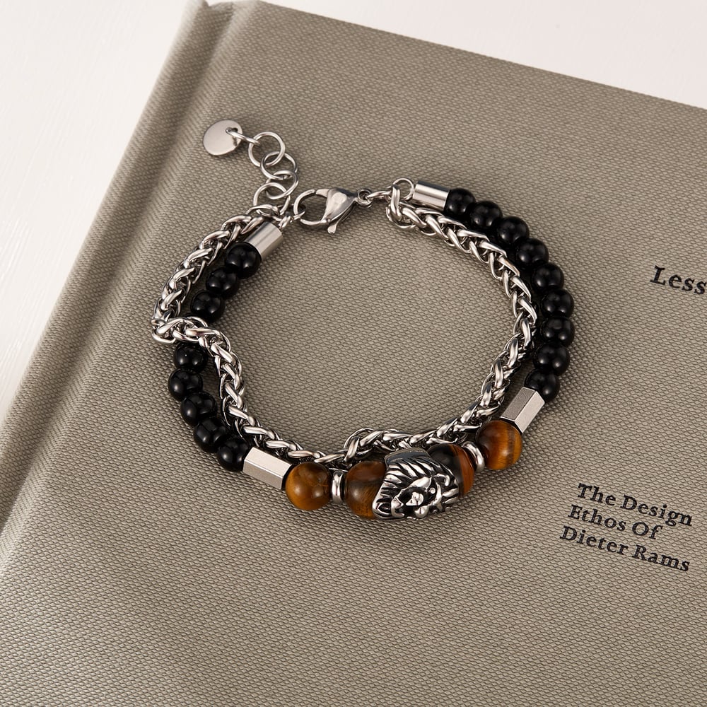 Pulseras de cuentas de acero inoxidable de doble capa con diseño de león para hombre Imagen3