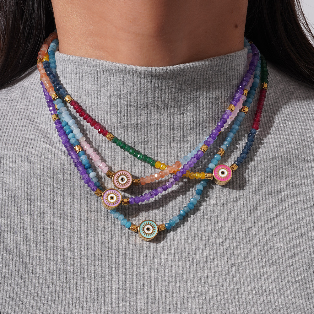 1 Piece Ethnic Series Classic Eye Pattern Stainless Steel Gold Color Women's Crystal Beaded Necklaces h5Picture3