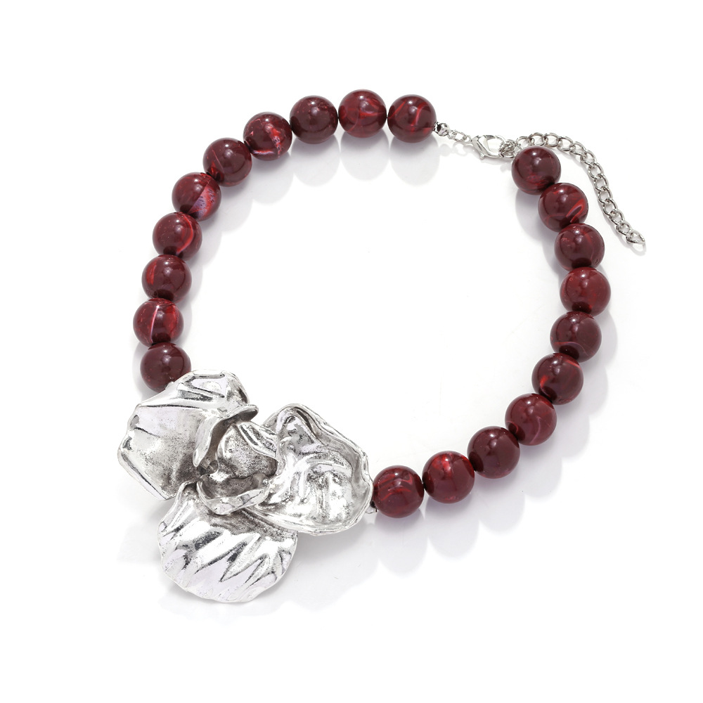 1 Piece Vintage Dimensional Exaggerated Silver Large Flower Women's Beaded Necklaces h5Picture3