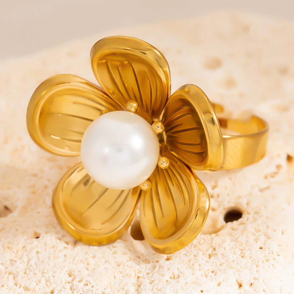 Flower Stainless Steel Gold Color Statement Ring h5Picture5