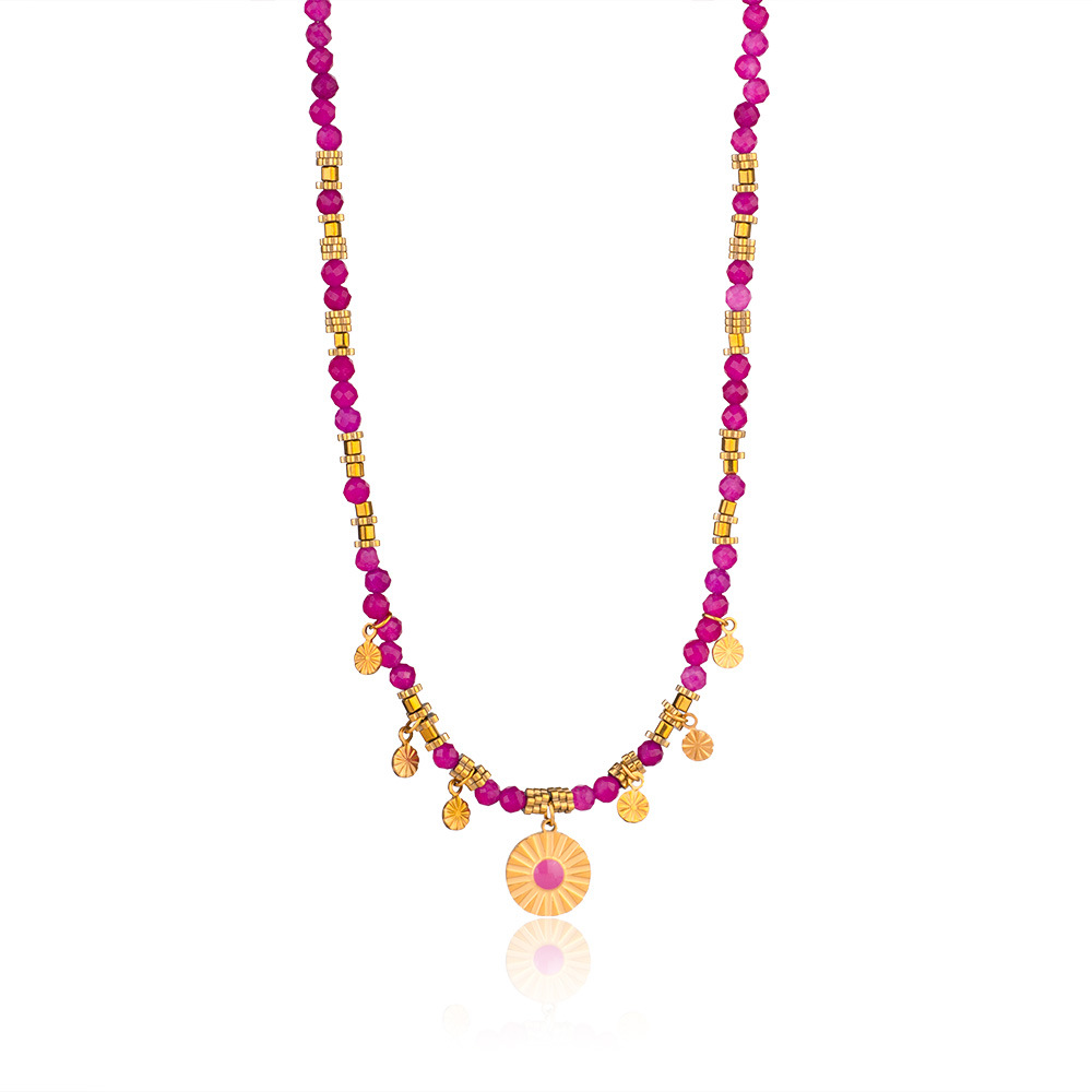 1 Piece Intricate Series Retro Circle Stainless Steel Gold Color Pink Natural Stone Women's Pendant Necklaces h5Picture6