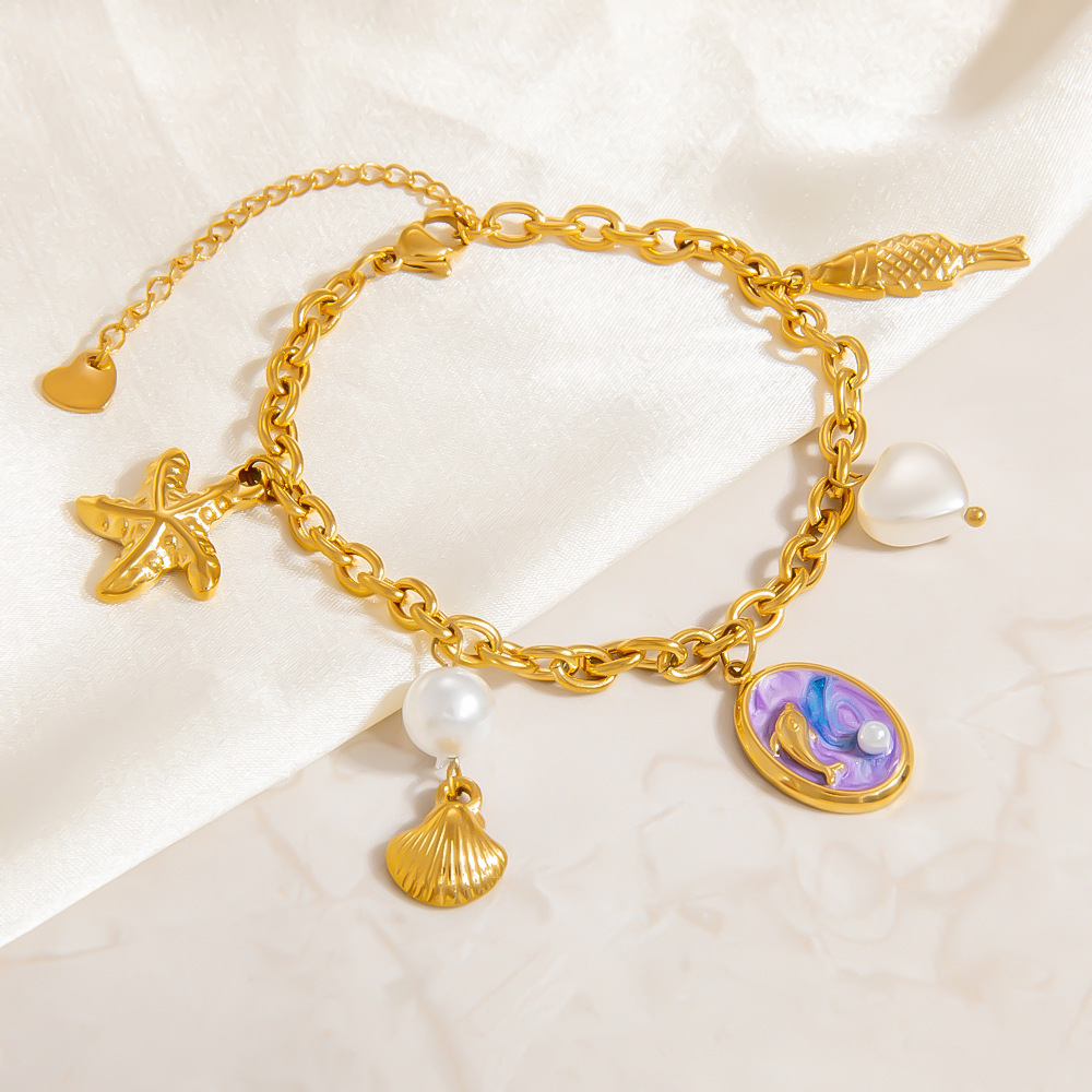 Vacation Turtle Stainless Steel Gold Color Artificial Pearl Women's Charm Bracelets h5Picture5