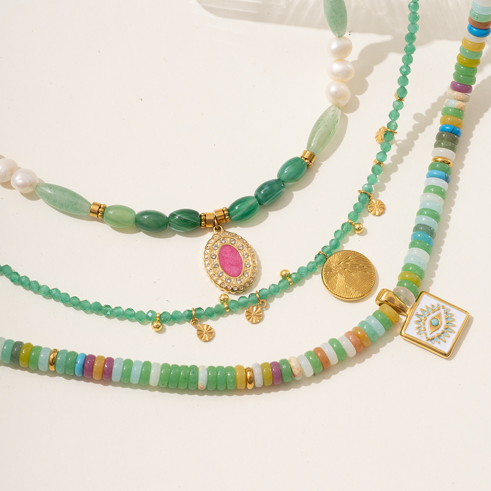 1 Piece Sophisticated Series Elegant Eye Stainless Steel Gold Color Green Crystal Women's Beaded Necklaces h5Picture6
