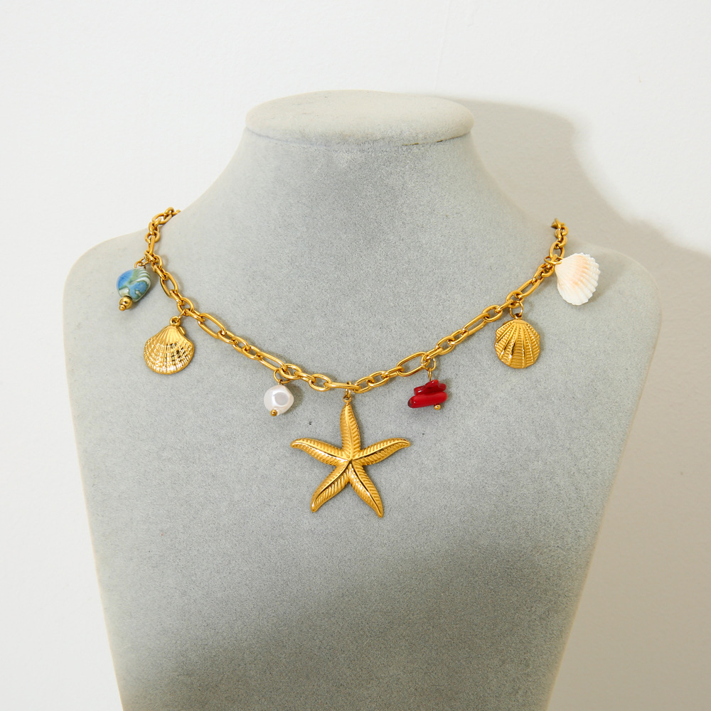 Collier avec pendentif en acier inoxydable, 1 pièce, motif étoile de mer et coquillage, élément océanique h5Image4
