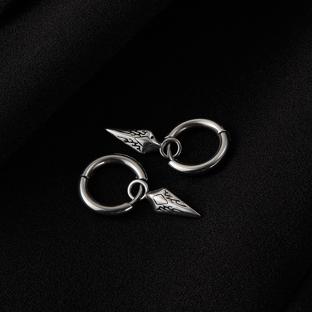 1 Çift Karmaşık Ok Şekli Paslanmaz Çelik Erkek Küpe h5Resim4