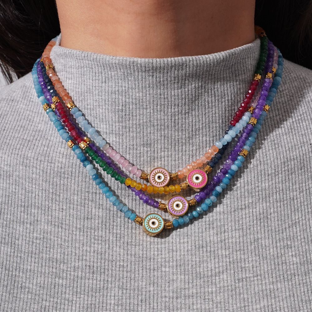 1 Piece Ethnic Series Classic Eye Pattern Stainless Steel Gold Color Women's Crystal Beaded Necklaces h5Picture4