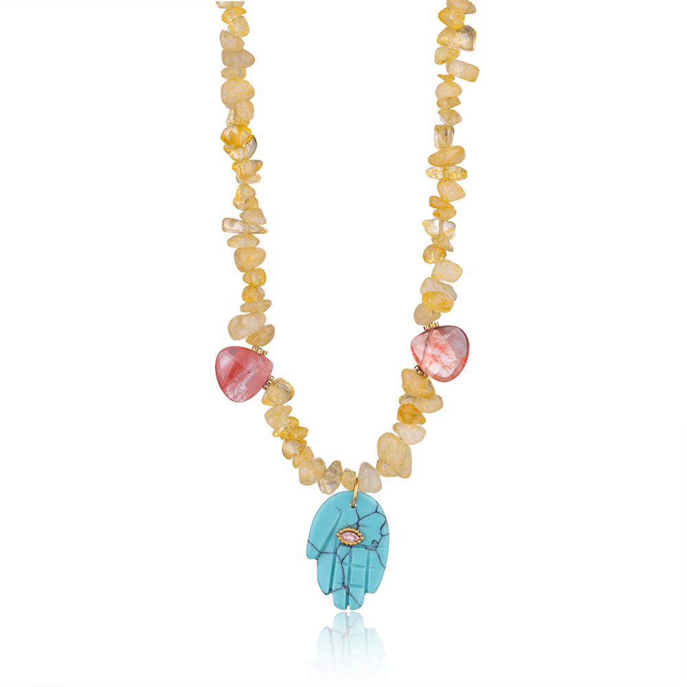 1 Piece Polychrome Series Bohemian Hand Shape Stainless Steel Gold Color Irregular Natural Stone Women's Beaded Necklaces h5Picture8