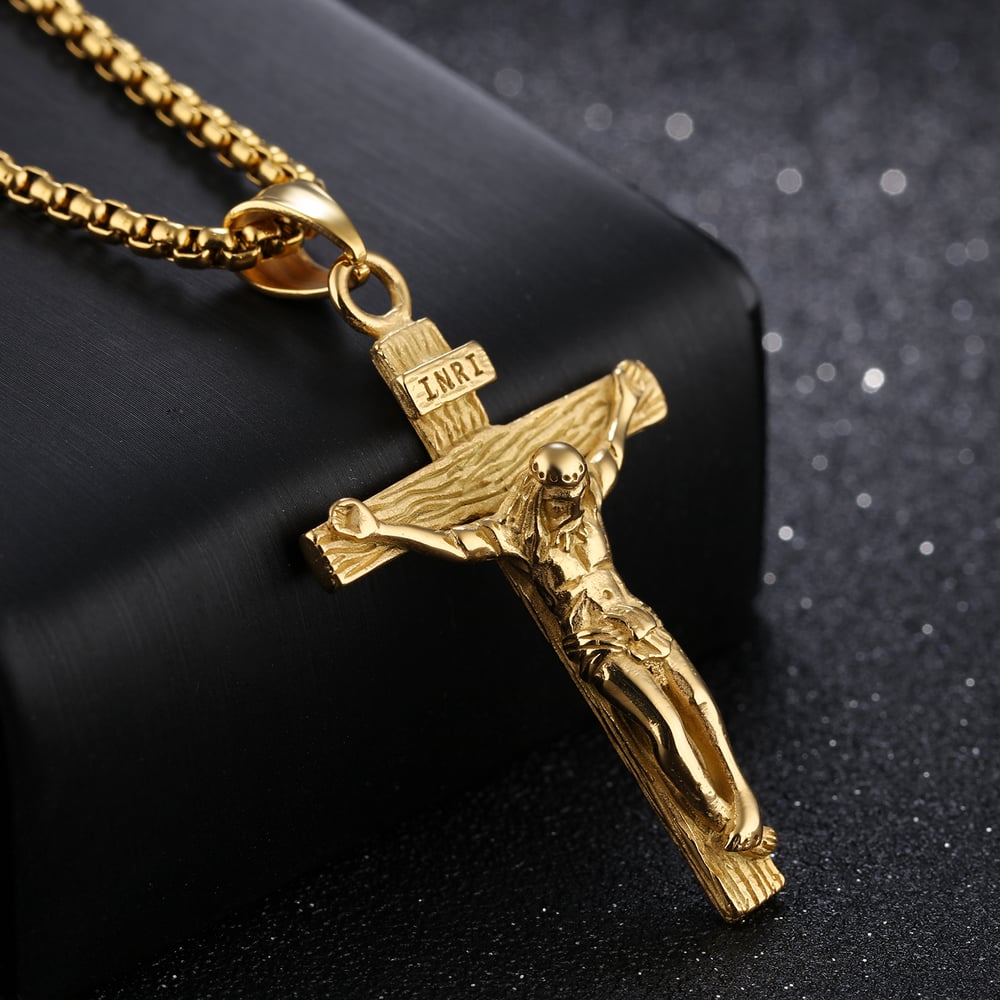 Religious Cross Stainless Steel Gold Color Men's Necklaces h5Picture5