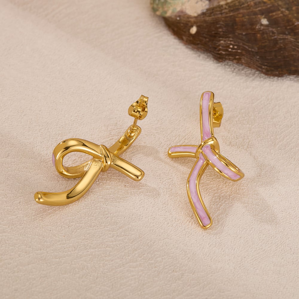 1 Pair Lovely Series Daily Pink Bow Knot Stainless Steel Gold Color Women's Stud Earrings h5Picture3