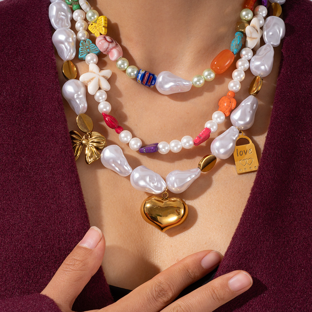 1 Piece Polychrome Series Vacation Turtle Shape Natural Stone Stainless Steel Gold Color Women's random Beaded Necklaces h5Picture3