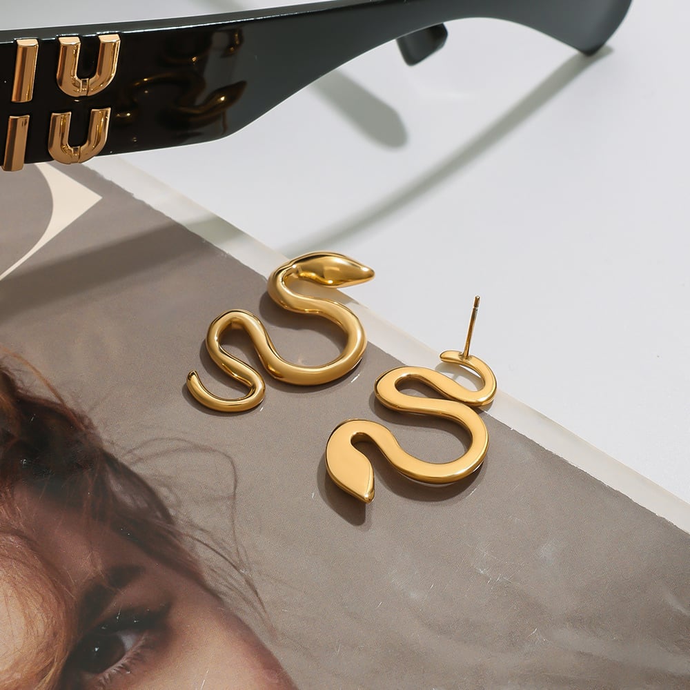 Modern Stainless Steel Snake Shape Gold Color Women's Stud Earrings h5Picture5
