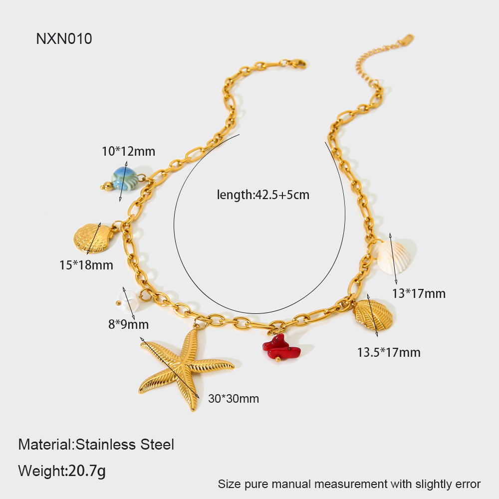 Collier avec pendentif en acier inoxydable, 1 pièce, motif étoile de mer et coquillage, élément océanique