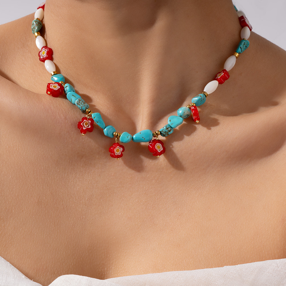 Turquoise Flower Stainless Steel Gold Color Natural Stone Women's Beaded Necklaces h5Picture4