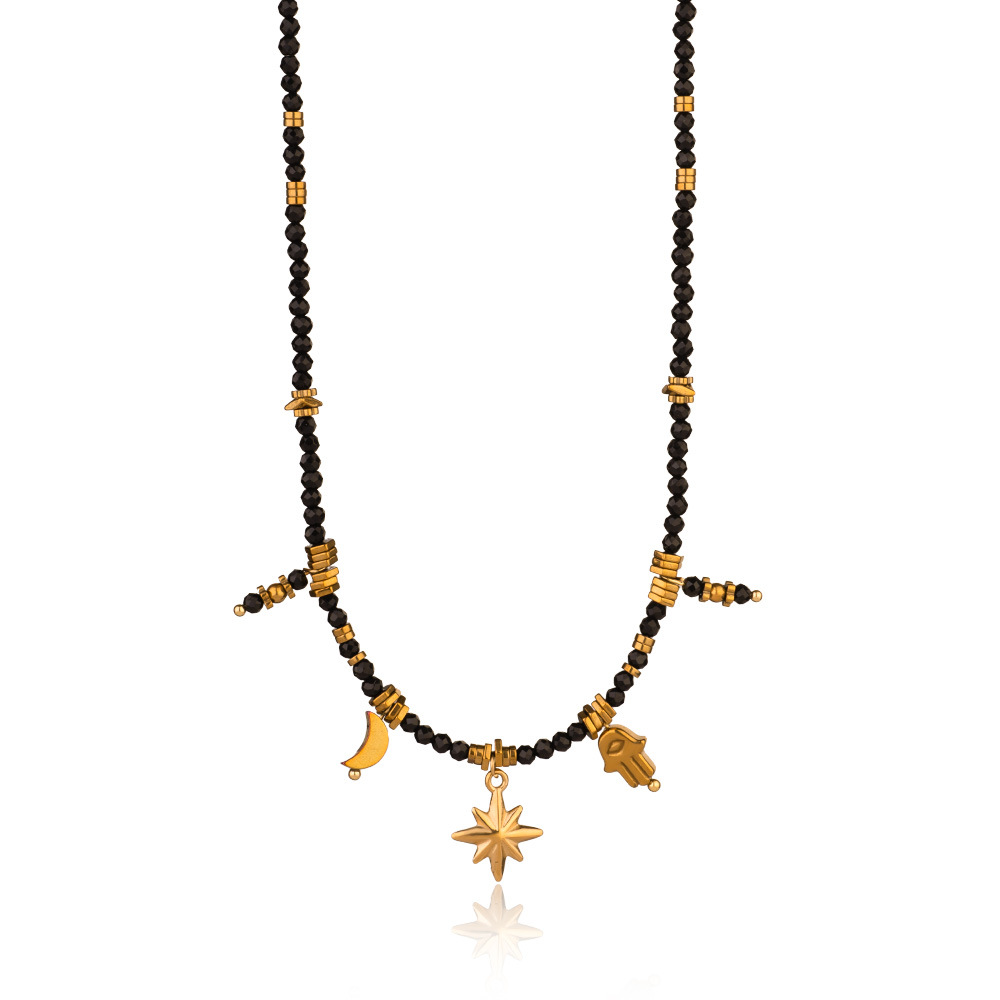 Black Spinel Moon Stainless Steel Women's Beaded Necklaces