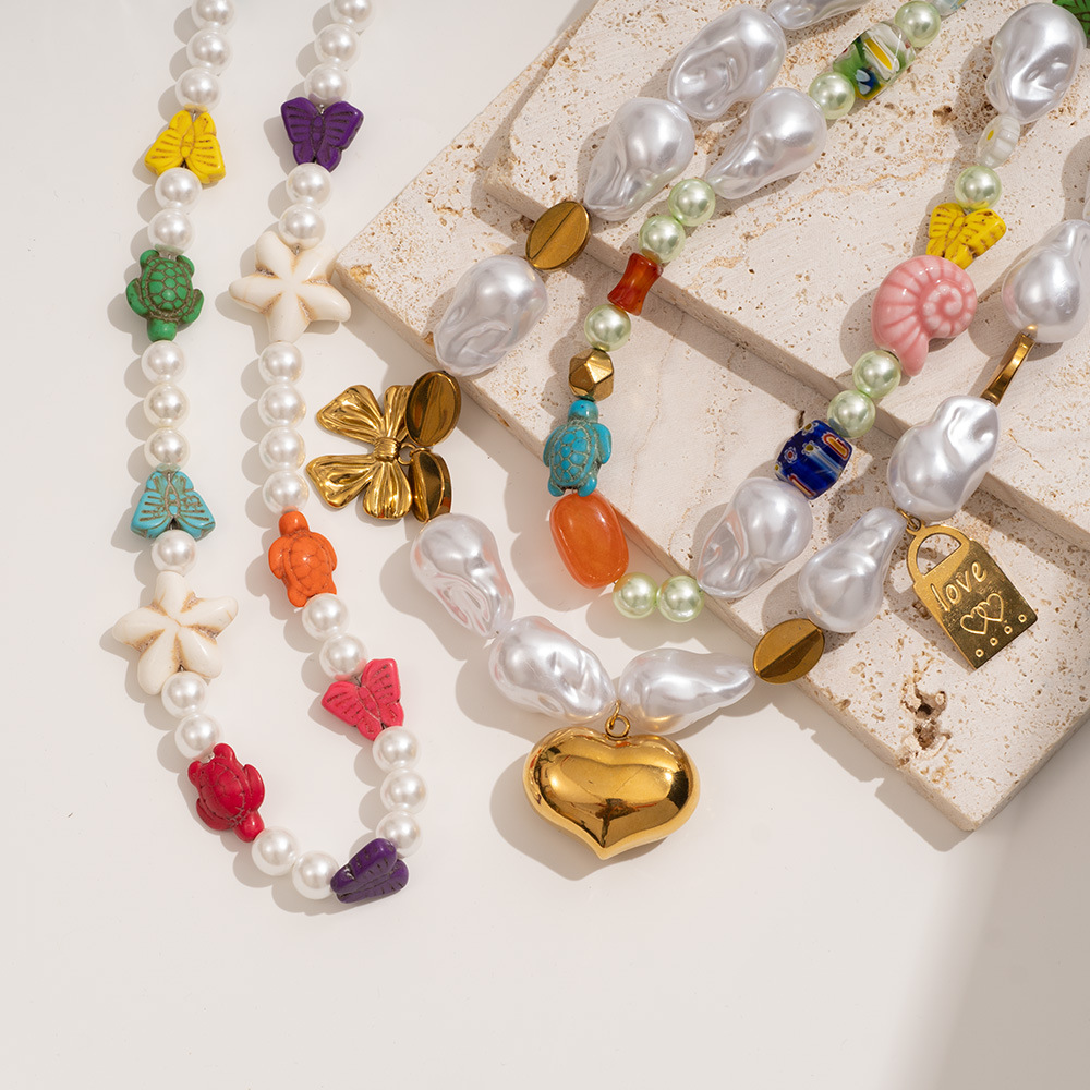 1 Piece Polychrome Series Vacation Turtle Shape Natural Stone Stainless Steel Gold Color Women's random Beaded Necklaces h5Picture6