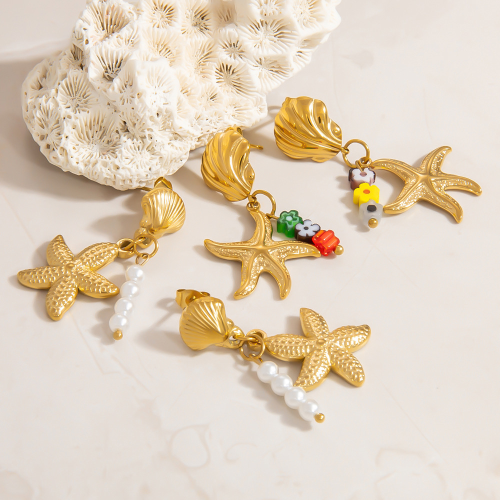 Starfish Stainless Steel Gold Color Drop Earrings h5Picture3