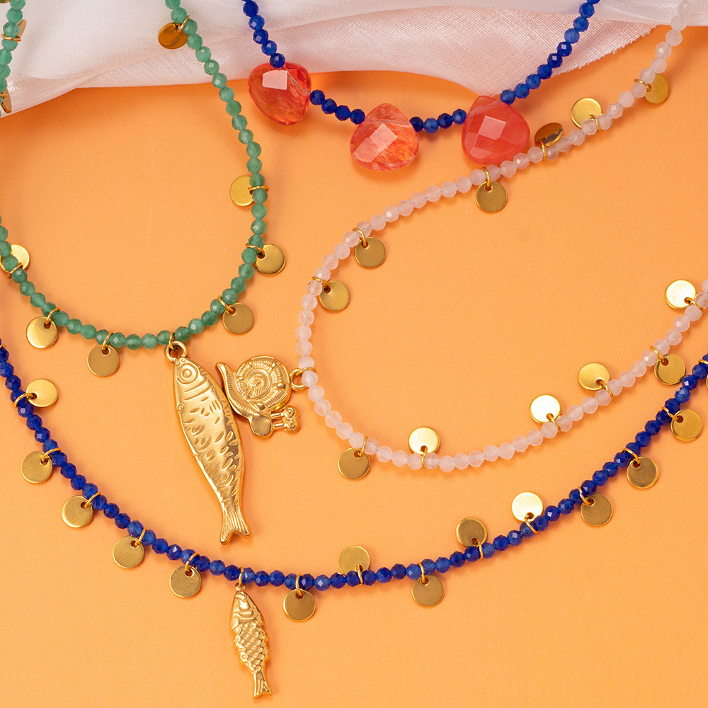 Glamorous Fish Stainless Steel Gold Color Natural Stone Women's Beaded Necklaces h5Picture4