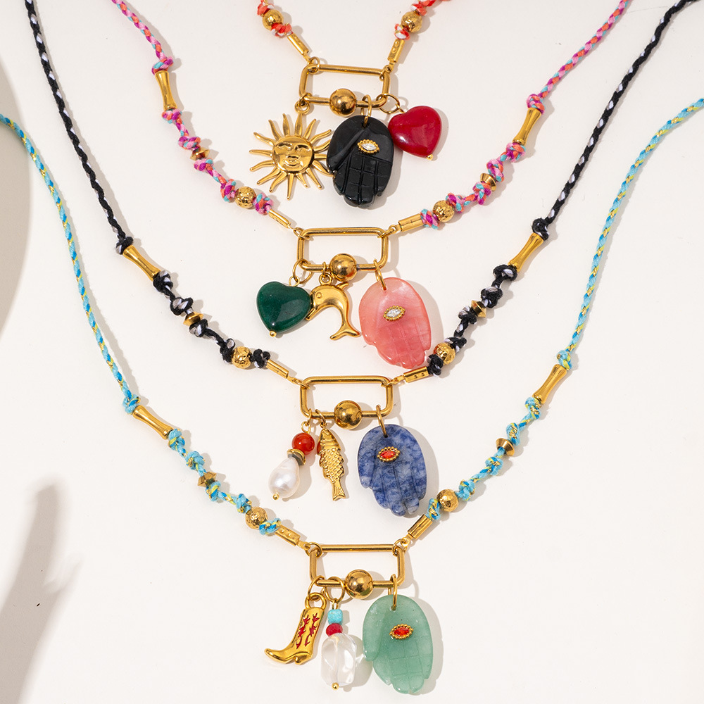 1 Piece Handcrafted Series Bohemian Hand Stainless Steel Gold Color Natural Stone Women's Pendant Necklaces h5Picture5