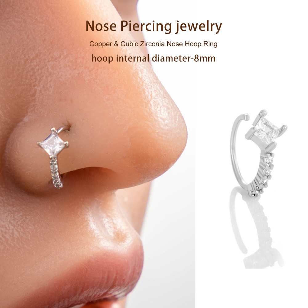 1 Piece Square Copper Gold Color Zircon Women's Nose Stud Picture6