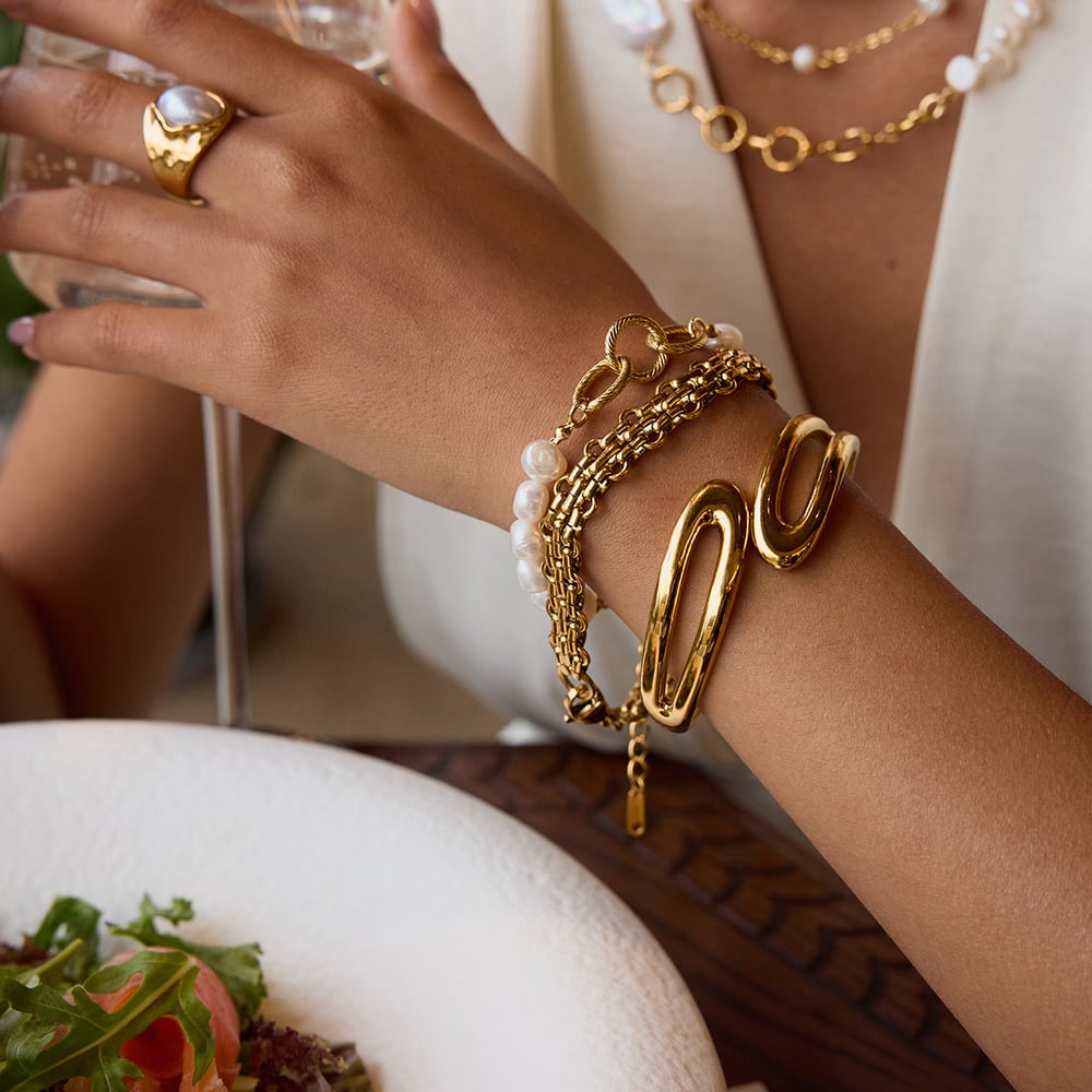 Elegant Stainless Steel Gold Color Pearl Beaded Bracelet h5Picture3