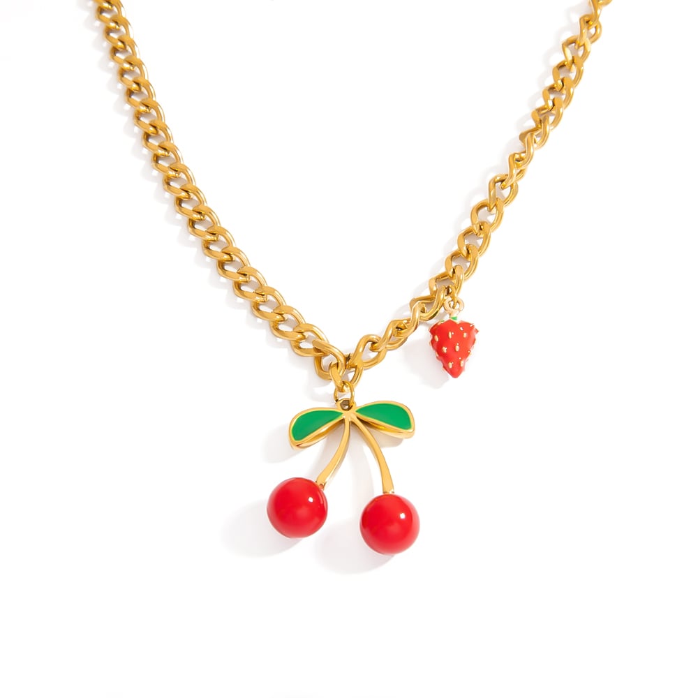 Sweet Cherry Stainless Steel Gold Color Pendant Necklaces
