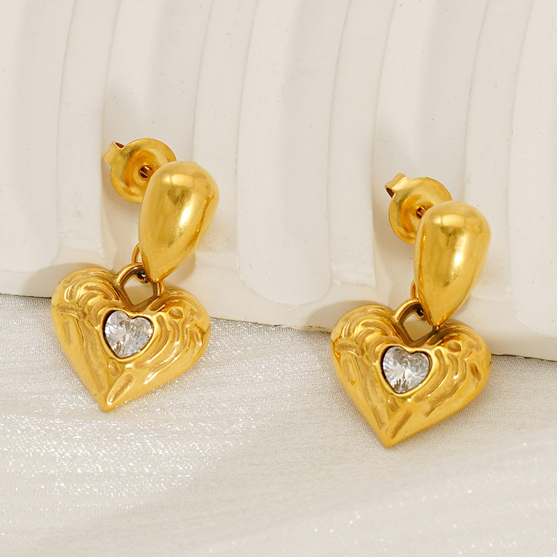 Retro Heart Stainless Steel Gold Color Drop Earrings h5Picture5