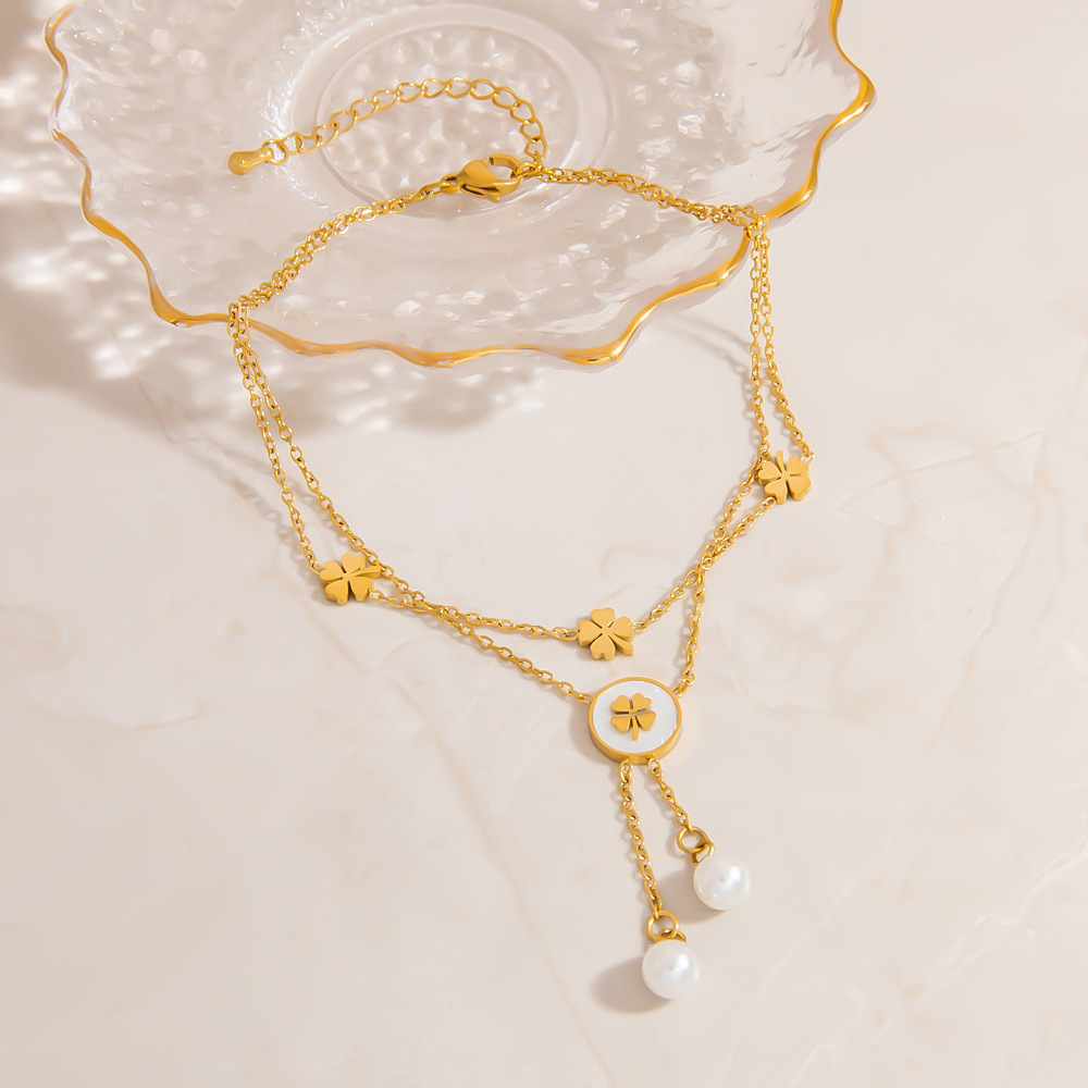 Classic Flower Stainless Steel Gold Color Artificial Pearl Women's Anklets h5Picture3