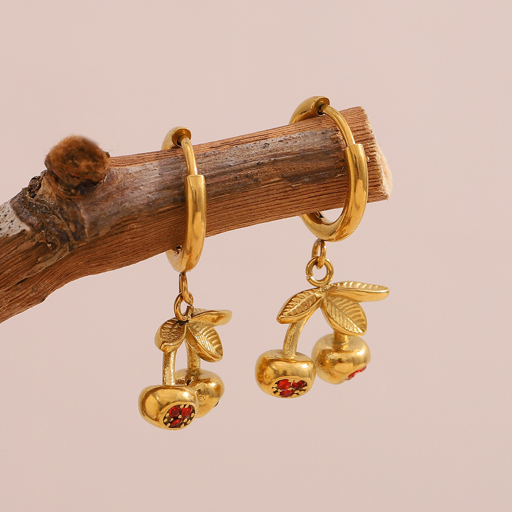 Simple Series Sweet Cherry Themed Stainless Steel Women's Stud Earrings h5Picture3