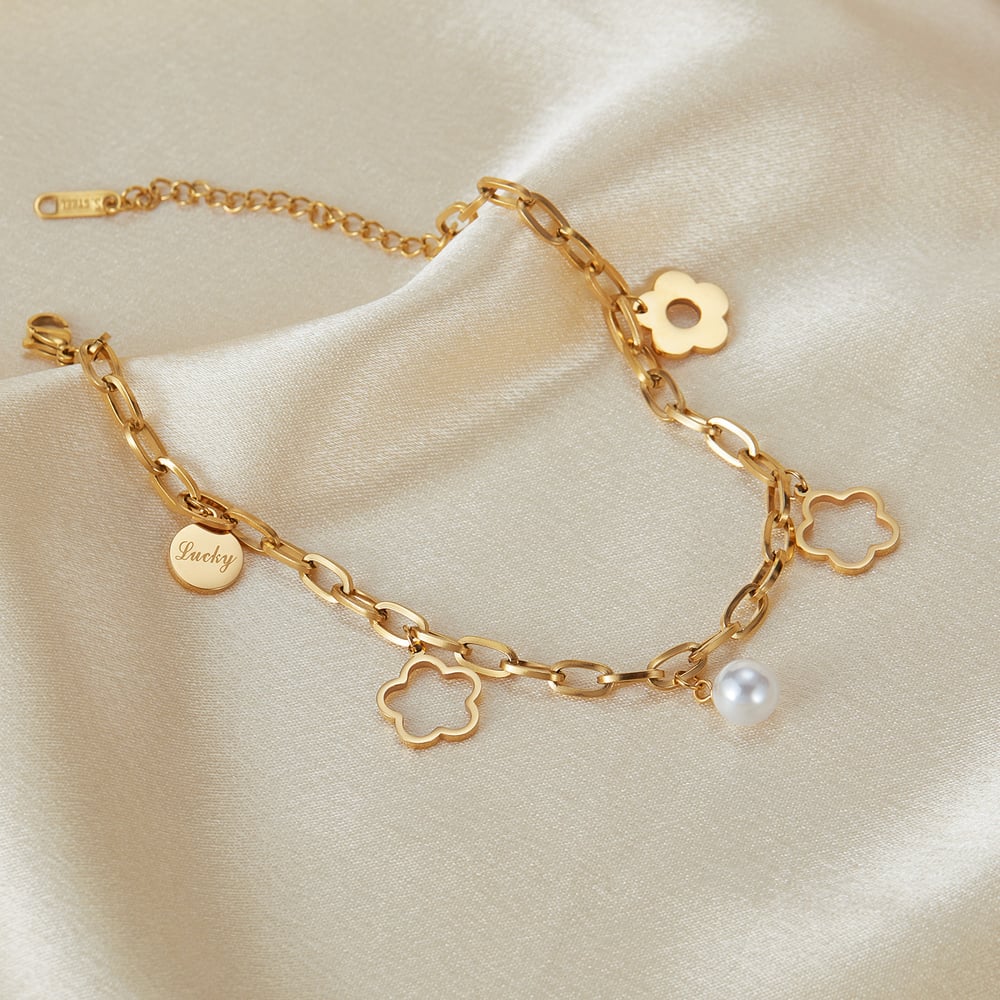 Fußkettchen aus Edelstahl mit Blumen in Goldfarbe h5Bild3