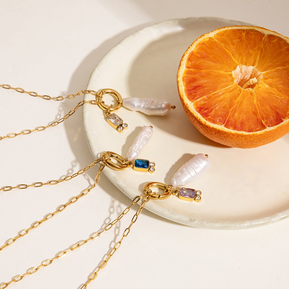 Twelve Birthstones Stainless Steel Gold Color Pearl Pendant Necklaces h5Picture3