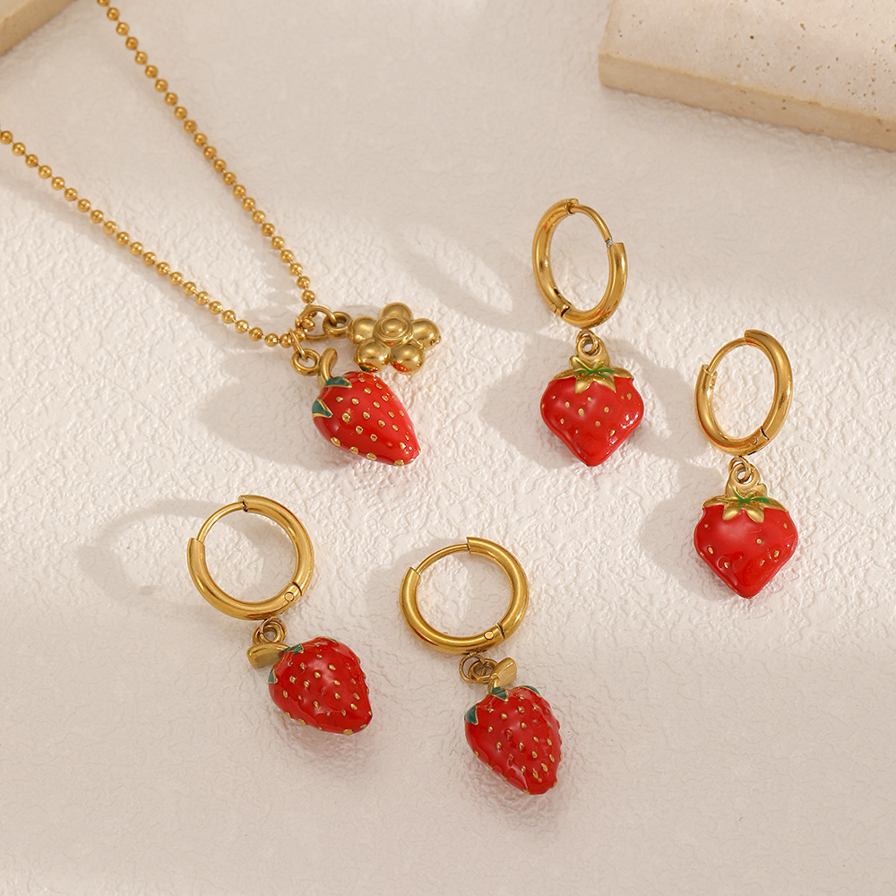 Sweet Strawberry Stainless Steel Gold Color Earring Sets h5Picture2