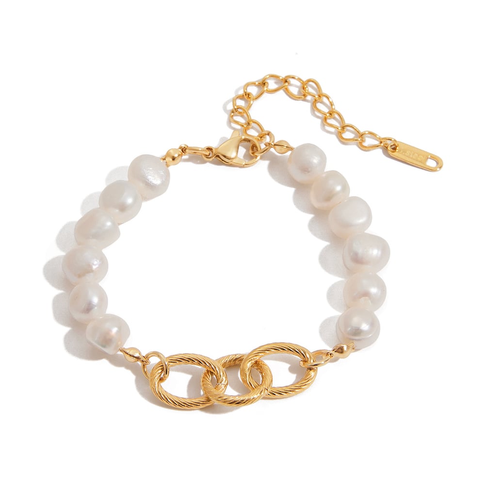Elegant Stainless Steel Gold Color Pearl Beaded Bracelet