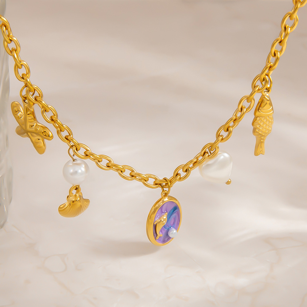 Vacation Turtle Stainless Steel Gold Color Artificial Pearl Women's Charm Bracelets h5Picture3