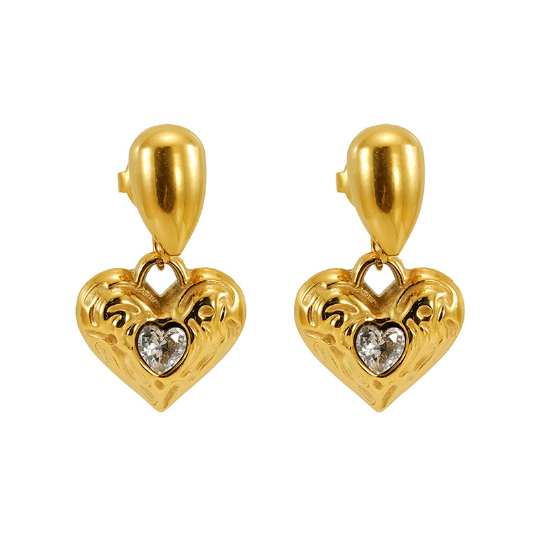 Retro Heart Stainless Steel Gold Color Drop Earrings