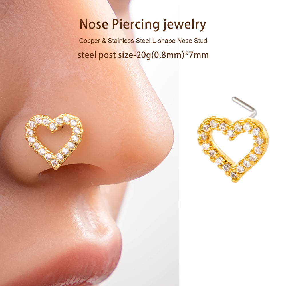1 Piece Heart Copper Gold Color Zircon Women's Nose Stud Picture6