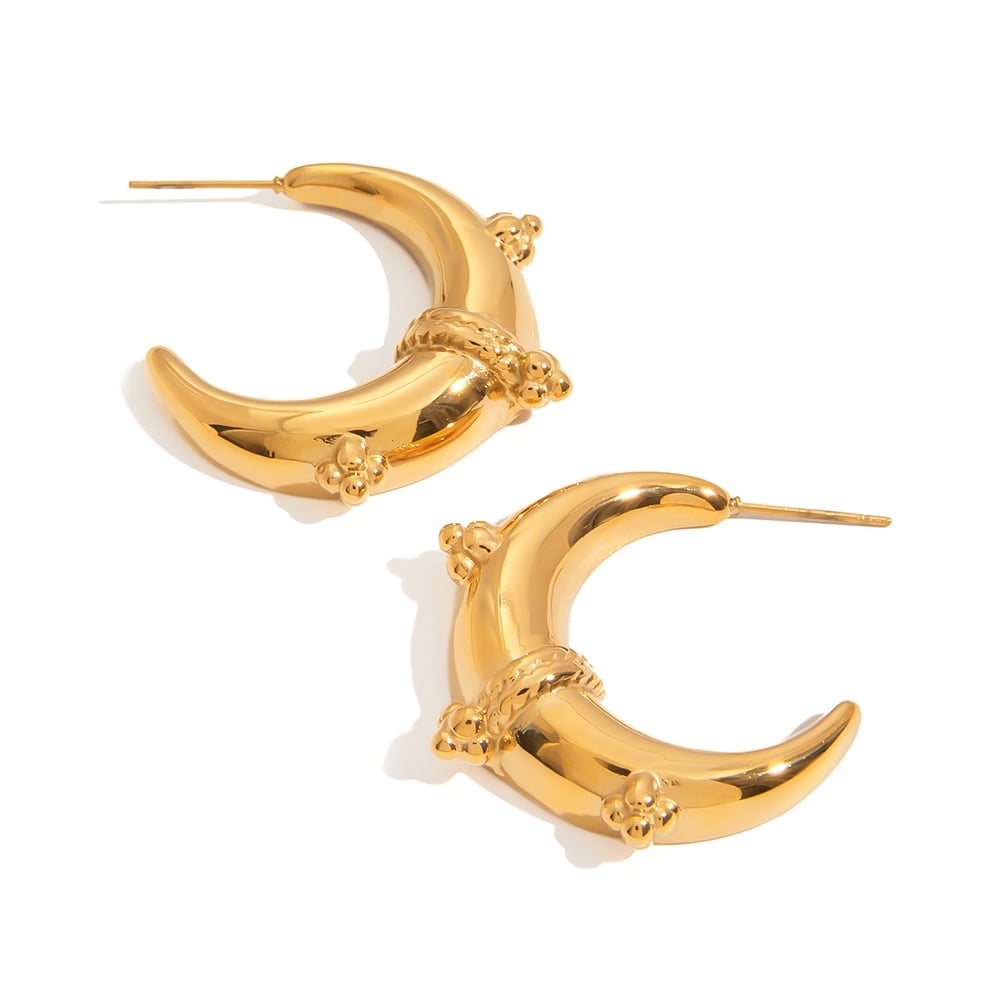 Retro Moon Stainless Steel Gold Color Hoop Earrings 
