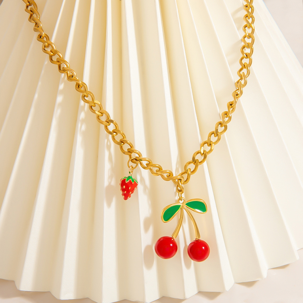 Sweet Cherry Stainless Steel Gold Color Pendant Necklaces h5Picture4