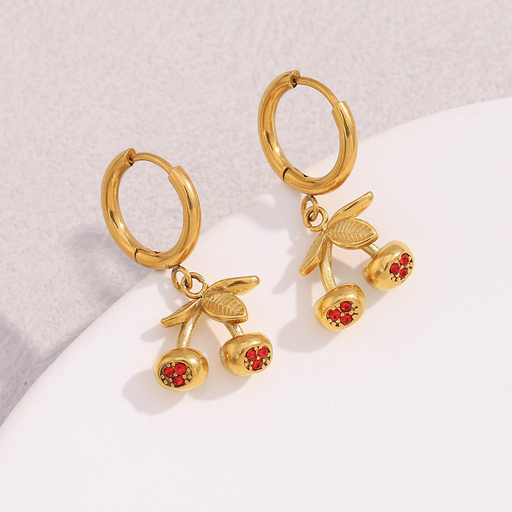 Simple Series Sweet Cherry Themed Stainless Steel Women's Stud Earrings h5Picture6