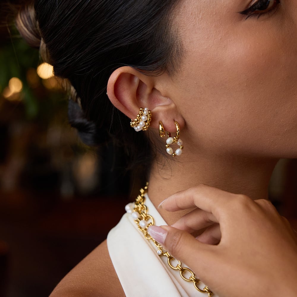 Retro Stainless Steel Gold Color Pearl Hoop Earrings h5Picture3