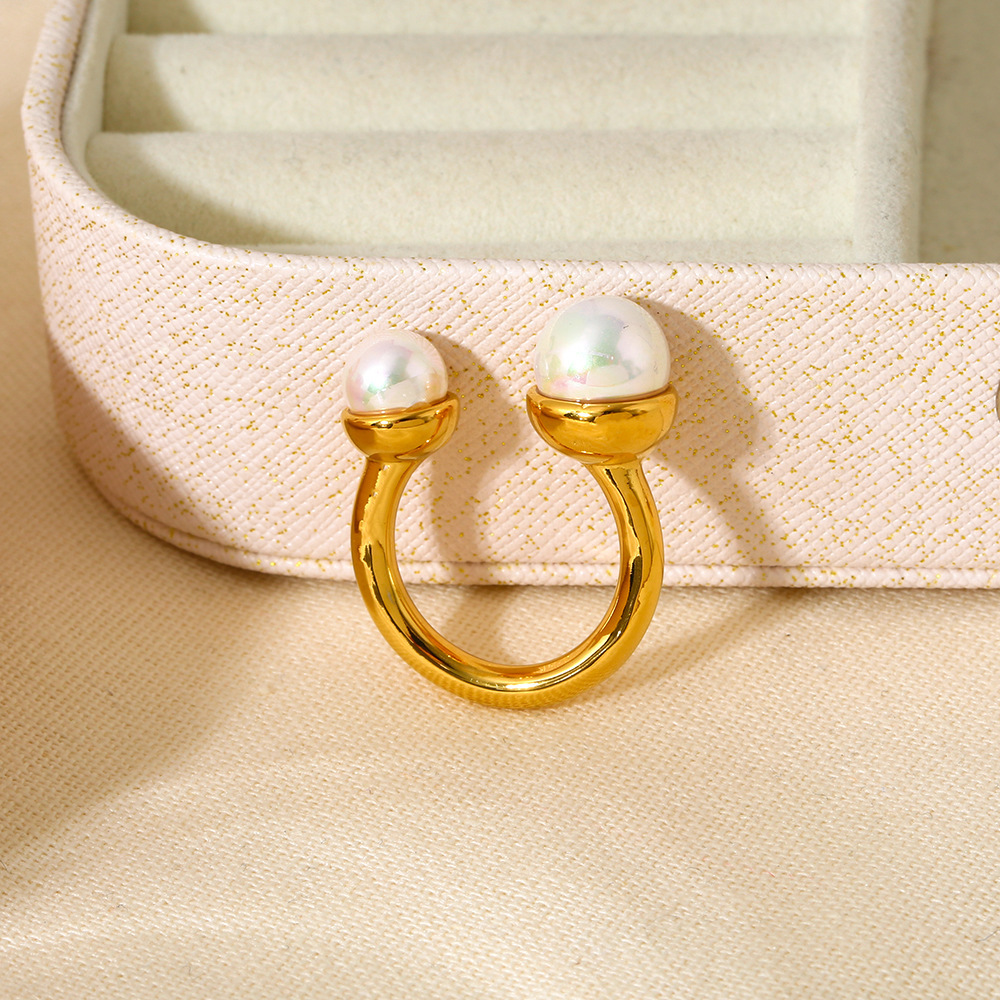 1 Pair Romantic Series Elegant Geometric Stainless Steel   Gold Color  Artificial Pearl Rings Display Set h5Picture3