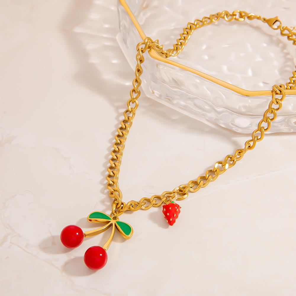 Sweet Cherry Stainless Steel Gold Color Pendant Necklaces h5Picture3