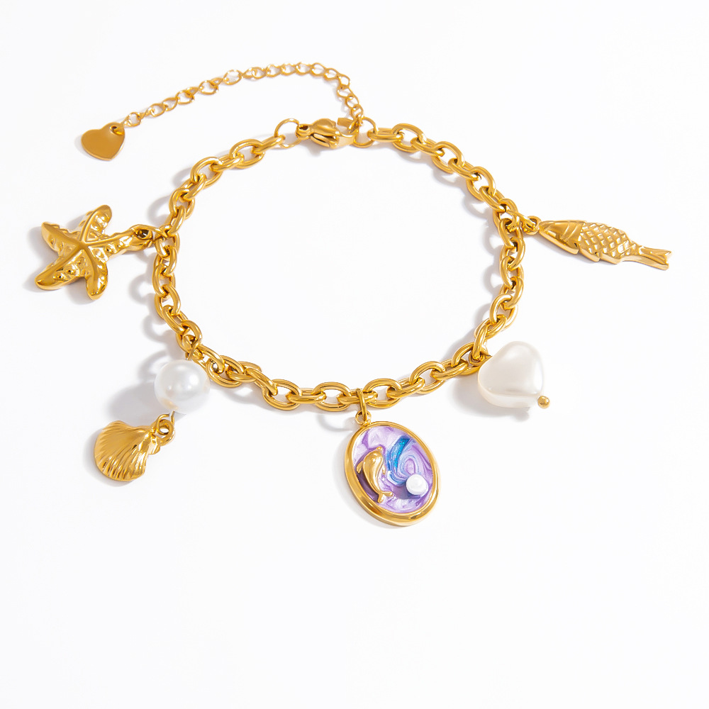 Vacation Turtle Stainless Steel Gold Color Artificial Pearl Women's Charm Bracelets h5Picture6