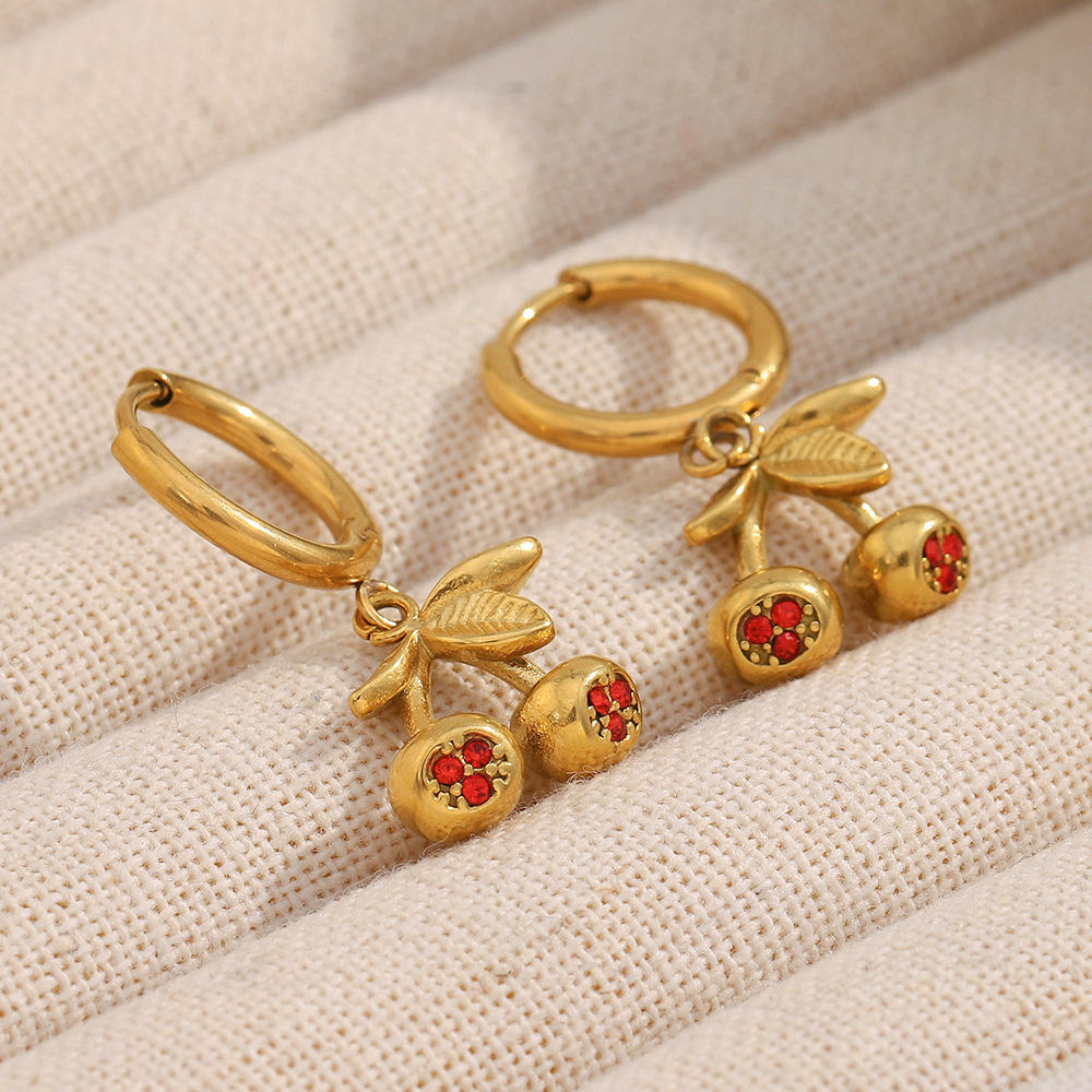 Simple Series Sweet Cherry Themed Stainless Steel Women's Stud Earrings h5Picture5