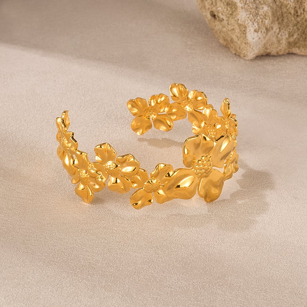 1 Stück Einfache Serie Elegante Blume Edelstahl Gold Farbe Damen Manschette Armbänder h5Bild6