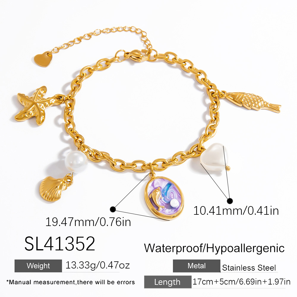 Vacation Turtle Stainless Steel Gold Color Artificial Pearl Women's Charm Bracelets h5Picture2