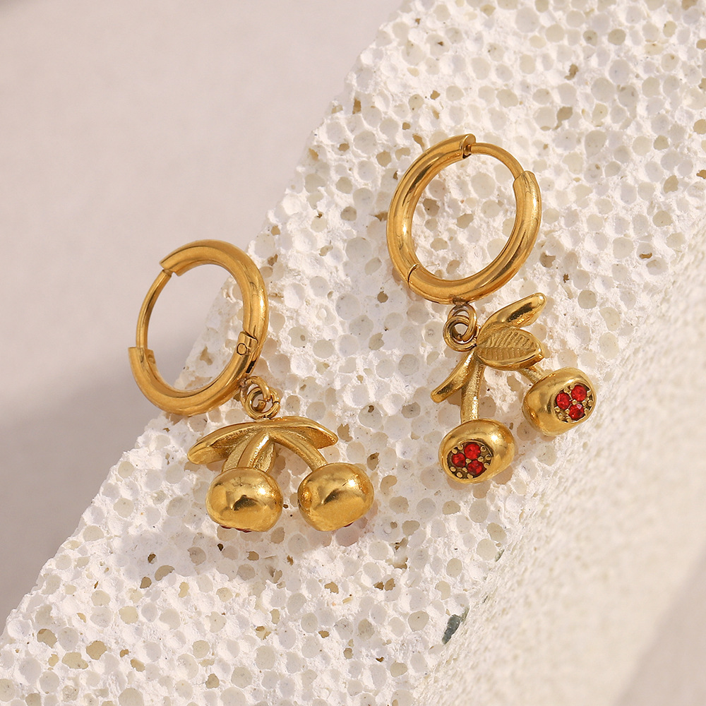 Simple Series Sweet Cherry Themed Stainless Steel Women's Stud Earrings h5Picture4